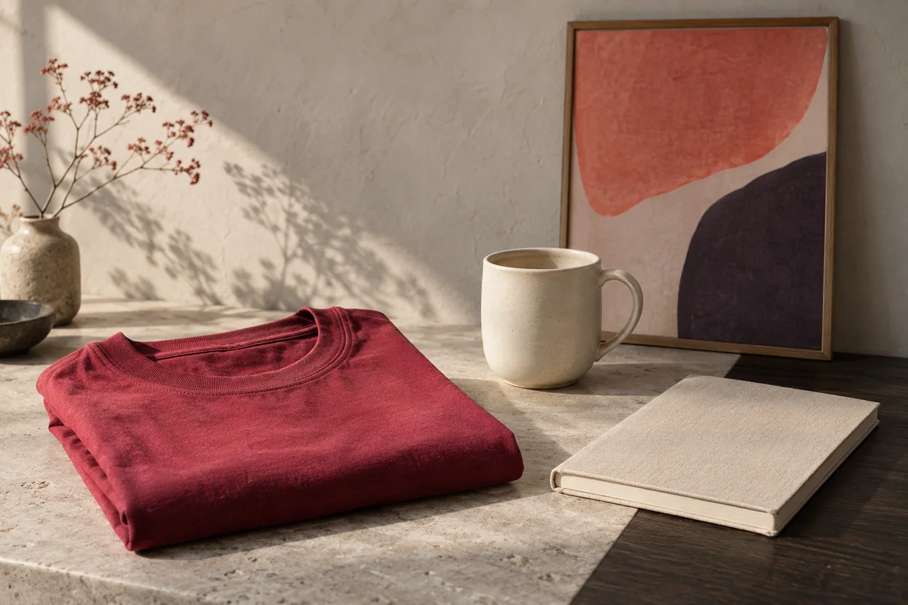 Illustrative still life of a raspberry shirt, ceramic mug, notebook, and abstract print—not an Idevola product catalog.