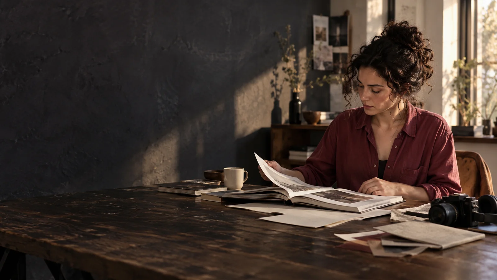 Illustrative creative studio scene of a woman exploring a book and paper samples.