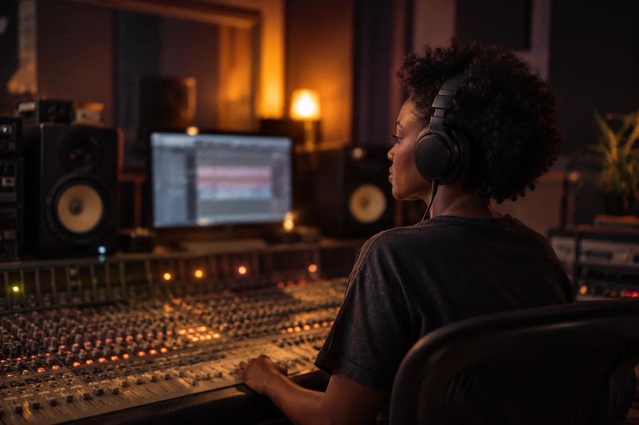 Illustrative scene of a music creator wearing headphones at a recording studio mixing desk.