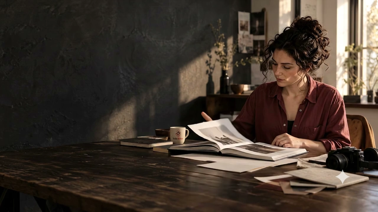 An illustrative creative studio scene: a woman reading a book beside an Idevola coffee mug and camera.